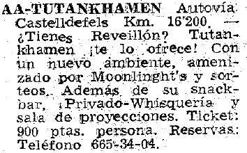 Anuncio de la verbena de fin de ao de la Discoteca Tutankhamen de Gav Mar publicado en el diario LA VANGUARDIA (25 de Diciembre de 1977)